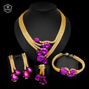 Collana da donna Set di gioielli alla moda in stile oro brasiliano originale placcato 24K con pendente in zircone viola e champagne SYHOL 240202