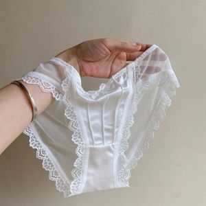 Damenhöschen Frauen Spitze Niedliche Schleife Französisch Sexy Dessous Vintage Satin Atmungsaktive Unterwäsche Weibliche Mid-Taille Dünne Mesh-Slips