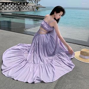 Casual Dresses Summer Women Sexig Spaghetti Strap Midi Clothing Runway Designer Hollow Out High midje Big Swing Sand Holidays Dress