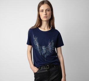 Novo verão zadig voltaire camiseta feminina zv clássico carta dourada tshirt quente diamante azul cor magro ajuste t meninas algodão camisetas topos