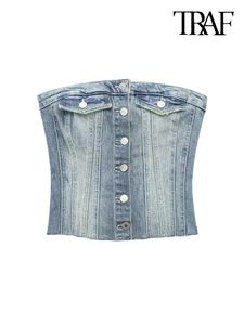 Женские танки Traf Women Fashion без бретелек для бретелек в джинсовые бретеки Bustier Tops Vintage Straight Neck Front Butt