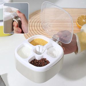 Garrafas de armazenamento 4 em 1 caixa de tempero de plástico com colheres frasco transparente multi compartimento potes de especiarias recipiente de condimentos de cozinha