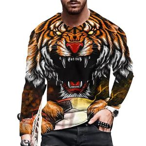 Vintage Tiger ve Lion 3D Baskı Yaz Mens Oneck Tshirt Sıradan Uzun Kollu Büyük Boy Tişörtlü Tişört Moda Külot Erkekler Giyim 240130