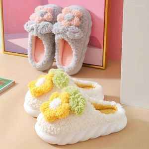 Chinelos femininos bonitos flor decoração pelúcia kawaii aconchegante dedo do pé fechado fuzzy casa sapatos inverno quente casa