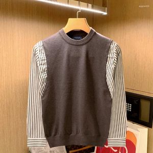 Men's Sweaters Men 2024 Autumn Fashion Retro O-neck Casual Sweater Tops Striped Stitching Knitted Male Long Sleeve Slim Pullovers W742