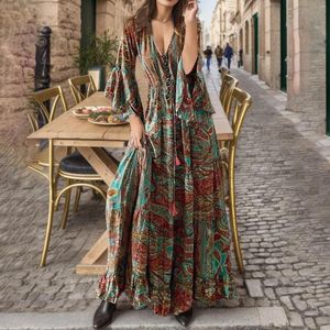 Casual Dresses Summer Bohemian Print Long Dress Women's Elegant Vintage Deep V Neck Fleche Sleeve High midje Vacation Floral Maxi