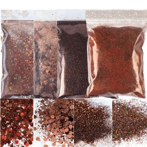 4 Beutel*50g Brauner klobiger Nagelglitter, feines Pulver, Pailletten, Dekoration, holografischer Mix, Sechseck-Masse, Chrompigment, Nagelzubehör 240202