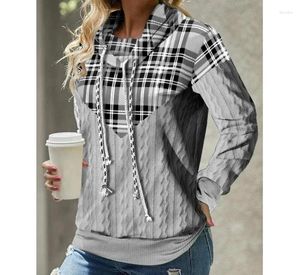 Women's Hoodies Fashion Women Sweatshirt Autumn 2024 Plaid Print Jacquard Cable Textured Hooded Long Sleeve Pullover Casual Top Clothes