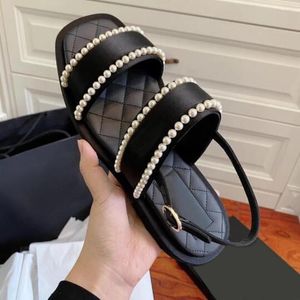 Sandals 2024 Spring And Summer Fashion Pearl One Word Belt Women Open Toe Korean Version Casual Square Flat Shoes