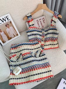 Summer Elegant Sexy Tweed Stripe 2 Piece Set Women Short Vest Crop Top A-line kjol Vintage Tvådel kjoluppsättningar 240124