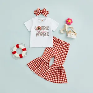 Clothing Sets CitgeeSummer Thanksgiving Day Kids Toddler Girls Outfits Letter Turkey Print Short Sleeve T-Shirts Tops Plaid Flare Pants