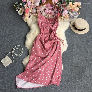 Vestidos casuais verão estilo coreano moda polka dot uma palavra colar suspender vestido feminino cintura alta emagrecimento gravata fenda uma saia longa