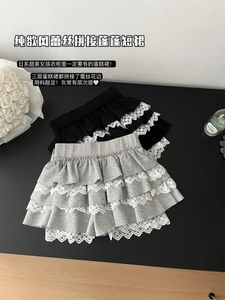 Skirts Women's Grey A-line Pleated Lace Skirt Vintage Y2k Kawaii Harajuku Mini Emo 2000s 90s Aesthetic Trashy Clothes 2024