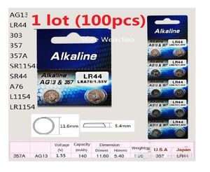 100pcs 1 lote baterias AG13 LR44 303 357 357A SR1154 SR44 A76 L1154 LR1154 155V bateria alcalina de célula de botão coin8451468