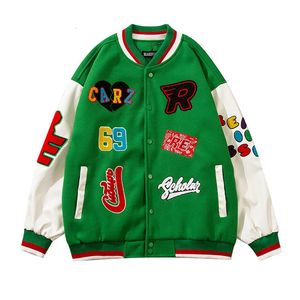 Flocking Patch Print Baseball Uniform Retro PU Leather Sleeve Splicing Jacket Men Harajuku Style American Couple Bomber Clothing 240117