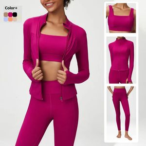 2/3 pezzi Fitness Yoga Set Donna Tinta unita Stretch Tuta sportiva Reggiseno sexy Giacca con cerniera Leggings a vita alta Abbigliamento sportivo femminile 240124