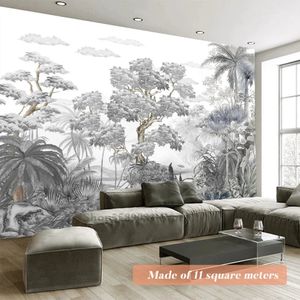 Grå och vit konstmålning Pine Tropical Jungle Tree Leaf ContapT Wallpaper House Renovering Väggdekor Väggmålningen vardagsrumsstudie 240122