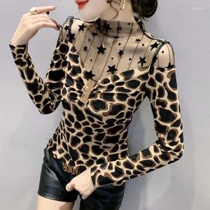 Damskie bluzki mody gazy pusta diamenty Folds Leopard Clothing 2024 Spring Slim Korean Tops Damowe koszulki