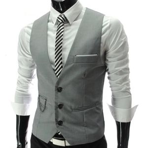 Vestido cinza coletes fino ajuste masculino terno colete casual sem mangas gilet homme formal jaqueta de negócios masculino 240130