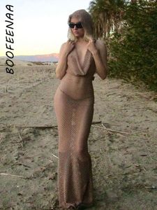 Casual Dresses Boofeenaa Fishnet Mesh See Through Hooded Backless Maxi Dress for Women Summer 2024 Beach Cover Up Sexy Semester Outfits