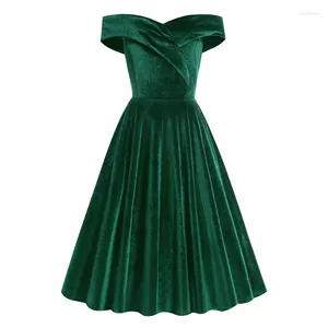 Casual Dresses Women's Green Velvet One-Neck Christmas Vintage Dress Winter Warm Female Clothing Big Size Elegant Birthday Party