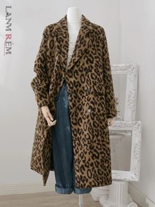 Lanmrem Leopard 프린트 중간 길이의 모직 코트 여성 겨울 따뜻한 착용 틈새 틈새 틈새 느슨한 의류 스트리트웨어 32A391 240201