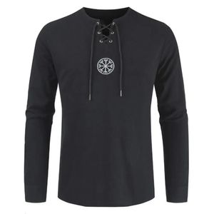 Design exclusivo estilo vintage masculino antigo viking bordado rendas até decote em v manga longa camiseta topo na moda 240130