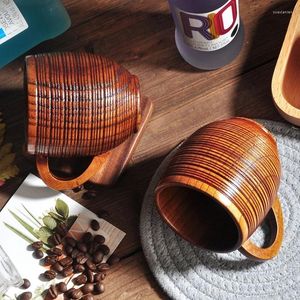 Cups Saucers Wooden Big Belly Mug Cup With Handle Handmade Natural Wood Beer Tea Coffee Milk Water Japanese Drinkware Kitchen Bar