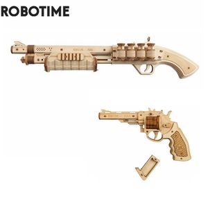 ロボットムロクルdiy revolverscatter with mubbber band bullet Wooden Model Building Blockキットアセンブリギフト