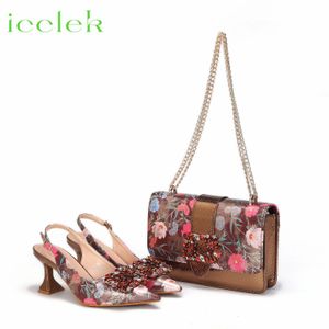 Women High Heels Sandals Printing Flower Material with Rhinestone Italian Design Coffee Color Pointed Toe Shoes and Bags Set 240130