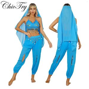 Stage Wear Womens Belly Dance Sets Beads Tassels India Bollywood Performance Outfit Halloween Masquerade Theme Party Costume