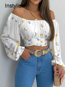 Mulheres elegante fora do ombro impressão blusa sexy rendas até arco sem costas magro camisa casual manga longa chique colheita topo streetwear túnica 240202