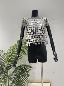 Zbiorniki damskie H80S90 Europejska szyja łodzi pusta z szwy cekiny z krótkim rękawem Clean Silver Street Trendy Shirt Crop Crop Top Beachwear