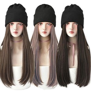 Beanies Hat With Hair Wigs For Women 24 inch Long Straight Synthetic Wig Warm Soft Ski Knitted Autumn Winter Cap 240130