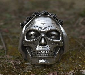 Goth Santa Muerte Anello Corona di rose Teschio di zucchero Anelli in acciaio inossidabile Donna Punk Biker Gioielli Regalo unico7277608