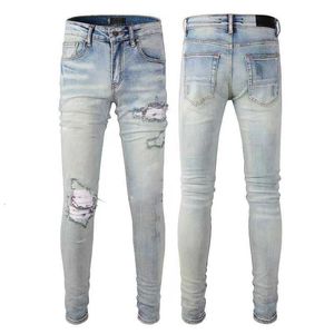 Designer Stack Jeans European Purple Jean Herren Stickerei Quilting Ripped für Trendmarke Vintage Hose Herren Fold Slim Skinny Fashion Jeans