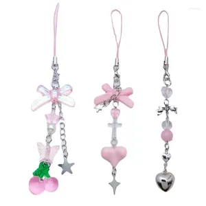 Keychains Pink Heart Phone Chain Charm Punk Girl Women Cellphone Pendant Strap