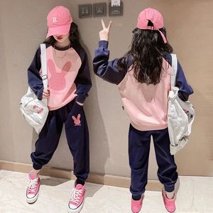 Bahar Atumn Girls Contrast Cartast Hoodiesweatpant Setleri Okul Çocuk Takibi Öğrencileri Jogger Suit Çocuk Kıyafetleri 5 7 9 11 15yrs 240118