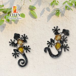 2 peças decoração de parede gecko de metal para decoração de casa ao ar livre estátuas de animais esculturas de jardin brother 240202