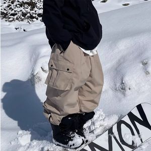 Womens Oversize Khaki Color Ski Pants Outdoor Windproof Waterproof Snow Sports Bibs Trousers Snowboard Cargo 240201