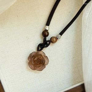 Chains Ethnic Style Camellia Pendant Necklace For Women's Retro Rope Chain Zen Knitted Collar Jewelry Gift