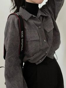 Винтажная вельветовая укороченная куртка женская корейская мода с длинным рукавом блузки на шнурке женские повседневные свободные однобортные пальто 240122