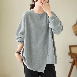 Women's T Shirts Solid T-Shirts For Women O-neck Casual Female Pullover Long Sleeve Aesthetic Tops Asymmetric Hem Design Vintage Clothes