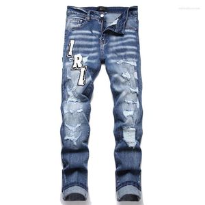 Jeans masculinos homens rasgados bordados calças jeans slim fit estiramento calças compridas hip hop buraco streetwear angustiado punk roupas