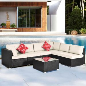 Camp Furniture Outdoor Garden Patio 7-stycken Pe Rattan Wicker Sectional Cyned Soffa Set med 2 kuddar och soffbord