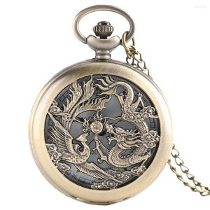 Карманные часы Изысканный полый Дракон Феникс Бронзовые часы Кварцевый аналоговый кулон Ожерелье Часы Подарок Античный стиль Модные часы