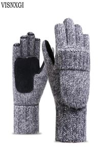 VISNXGI Work Thick Male Fingerless Gloves Men Women Wool Winter Warm Exposed Finger Mittens Knitted Warm Flip Half Finger Gloves C9415609