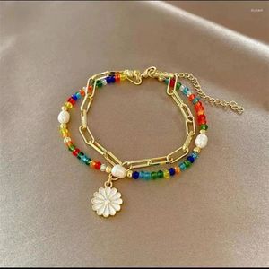 Link Bracelets LW Little Daisy Color Crystal Beads Bracelet Light French Luxury Retro Hand String Of Small High-level Sense