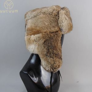 Chapéu bomber de pele de coelho natural quente com protetores de ouvido inverno unissex quente russo ushanka chapéu de pele de coelho real 240123