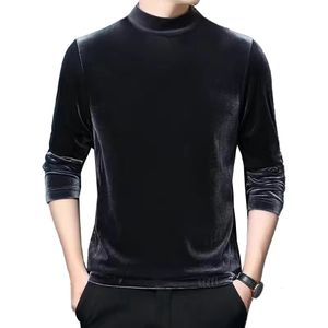 Men's Velvet Half Turtleneck Pullover TShirt Winter Basic Thick Solid Color Long Sleeve Slim Fit T Shirts Tops Male Clothing 240123